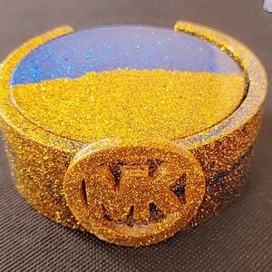 Michael Kors Gold Glitter MK Logo 4 Coaster And Holder Set